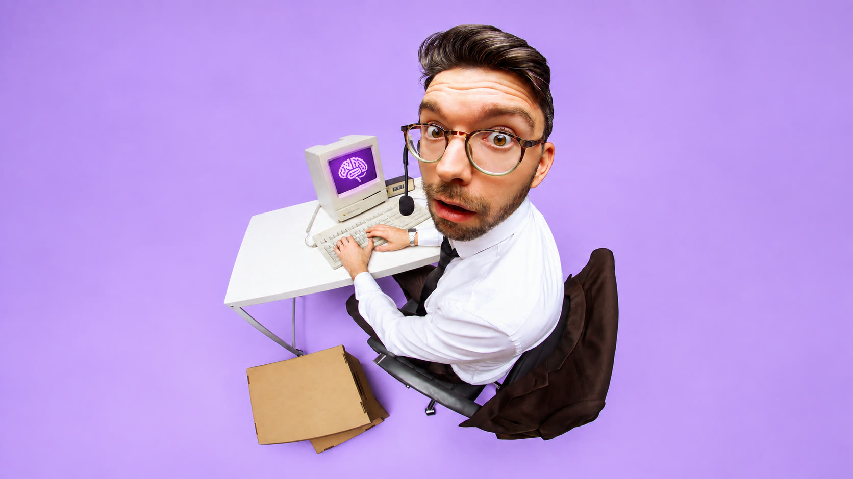 Man at a retro computer showing a brain icon, looking up at the camera