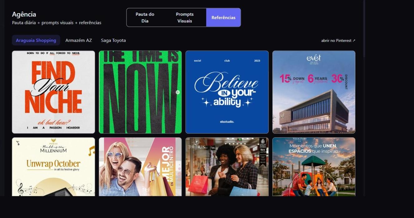 Cerebro Referências screen showing a Pinterest moodboard synced automatically for a client