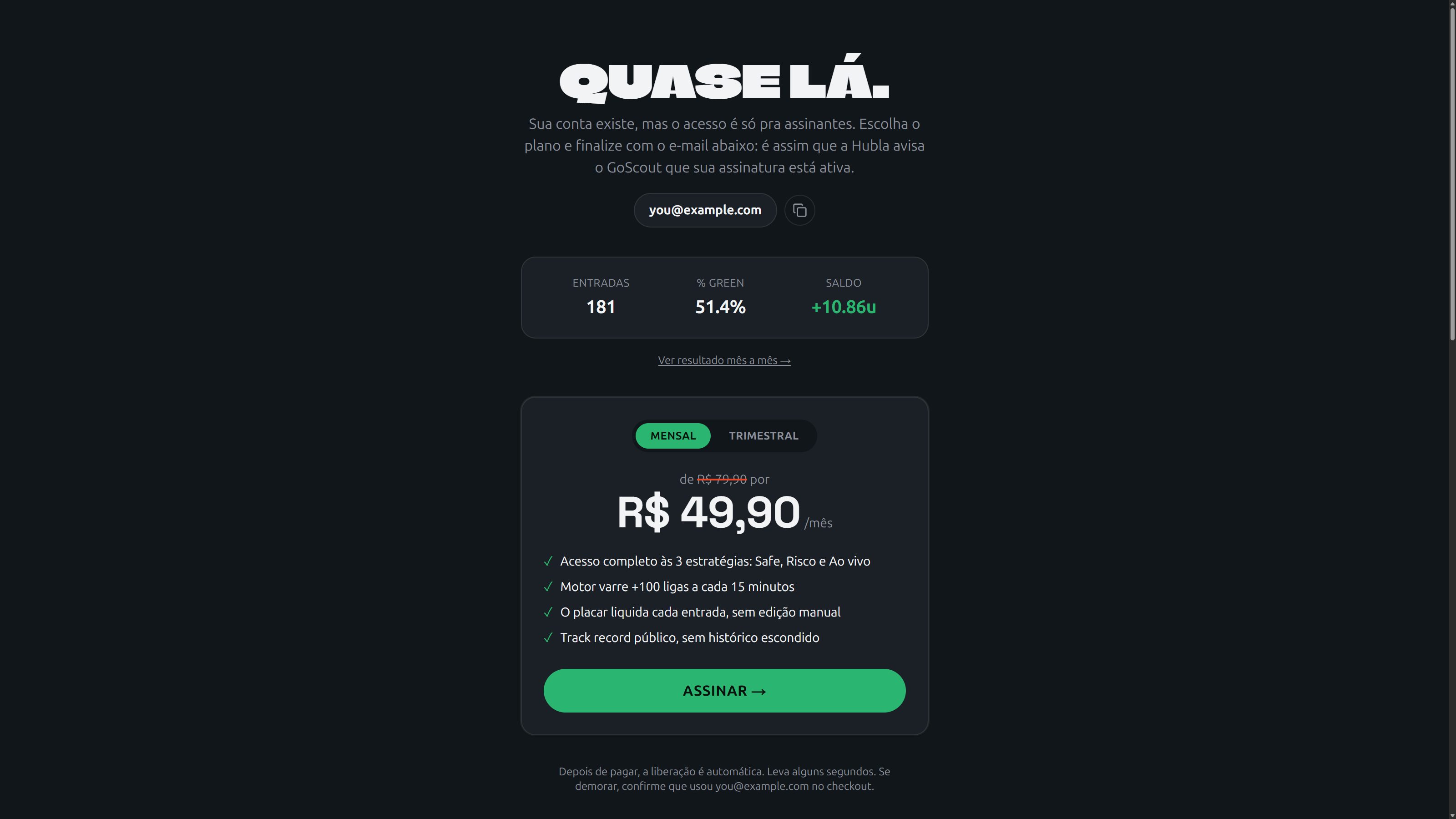 GoScout checkout screen with monthly and quarterly plans
