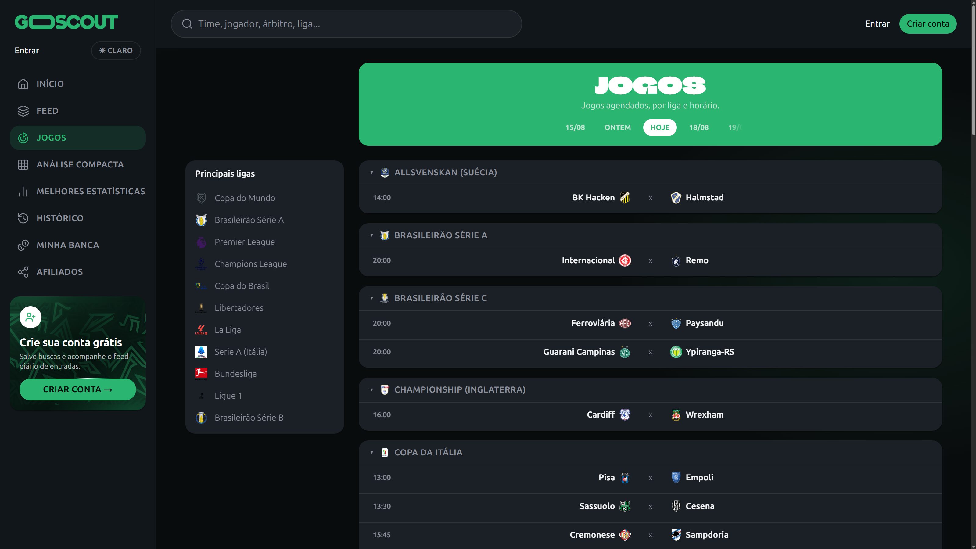 GoScout fixtures list grouped by league