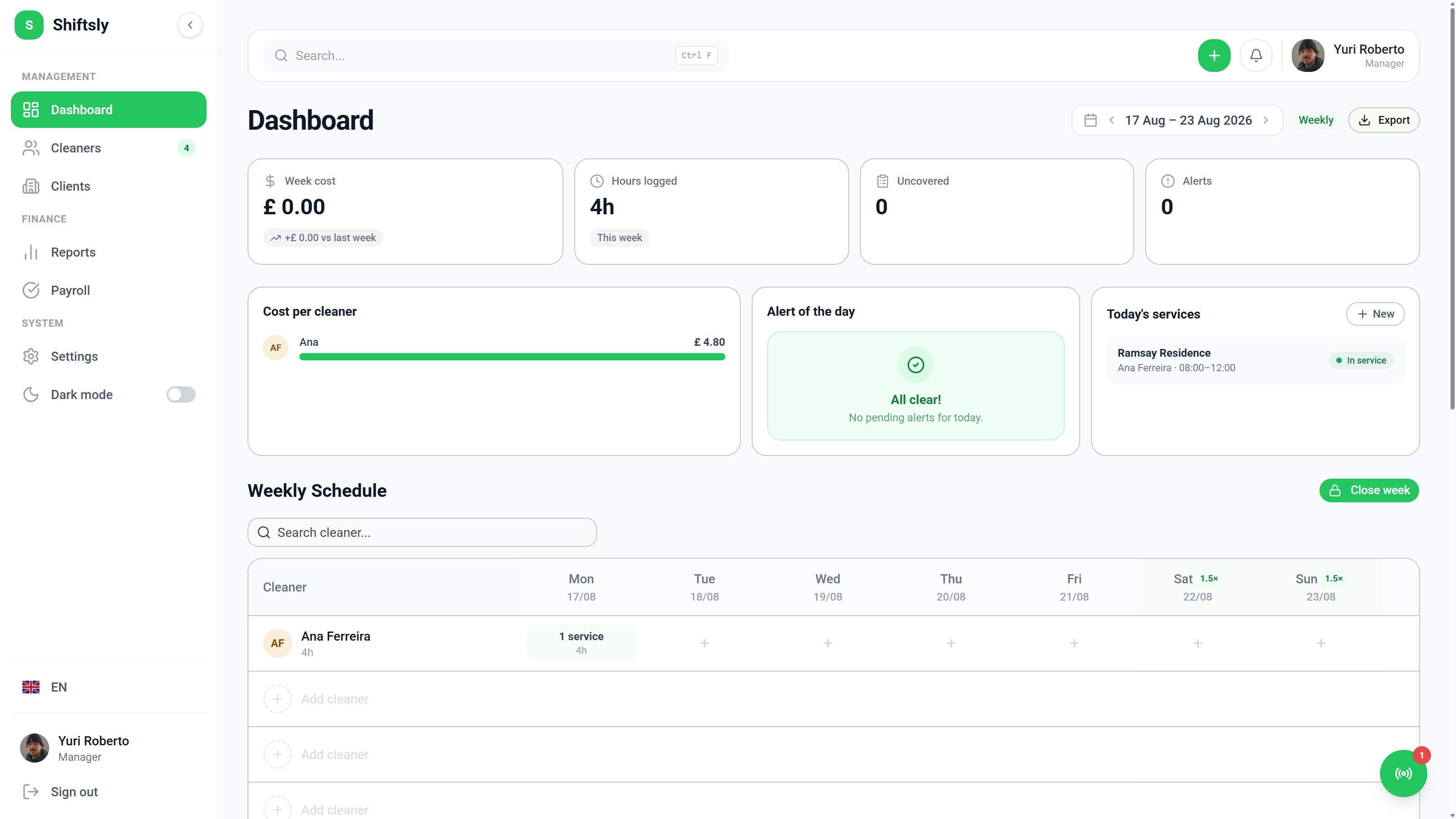 Shiftsly manager dashboard with the weekly schedule, cost per cleaner and today's services