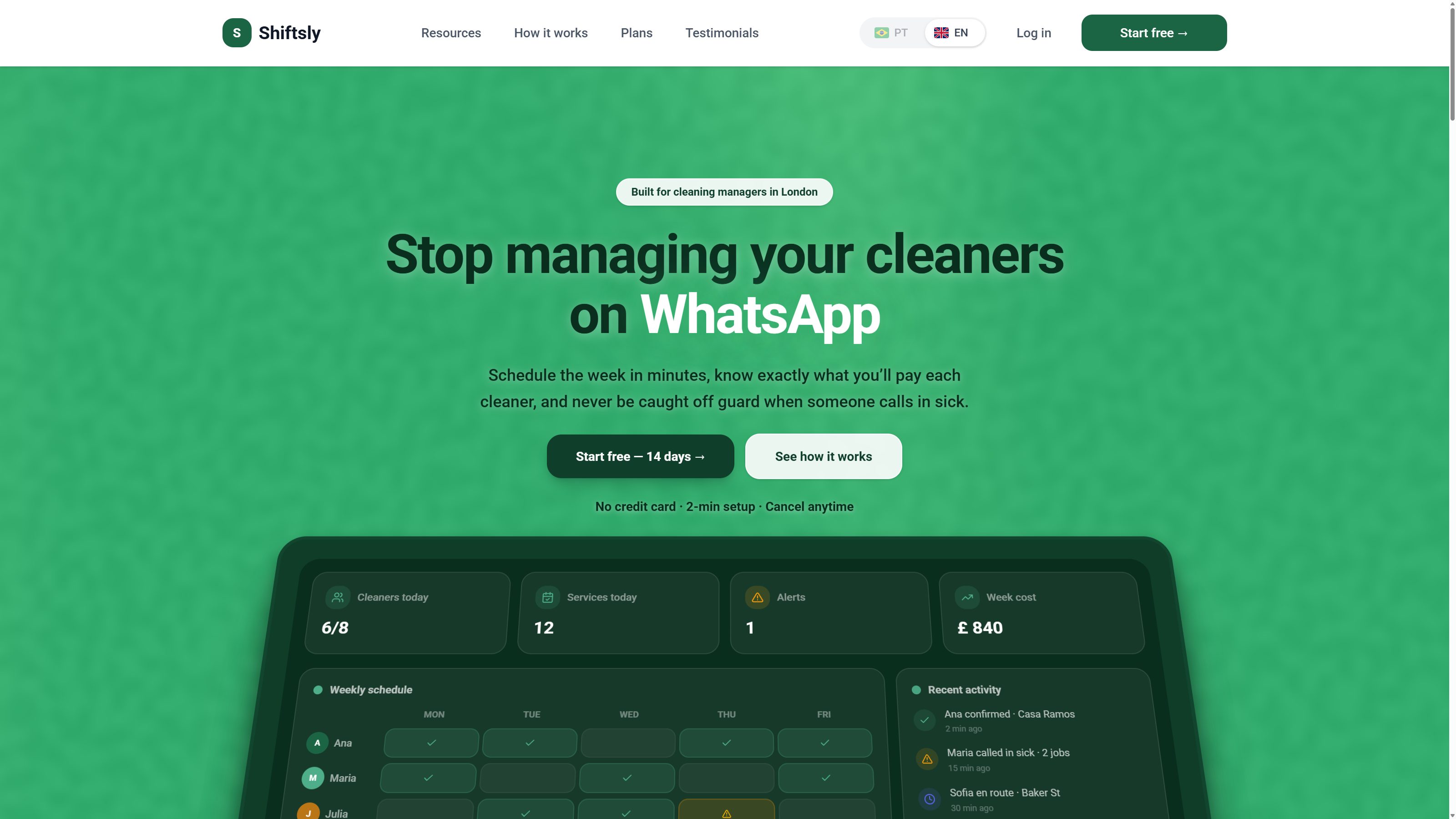 Shiftsly landing page and weekly schedule